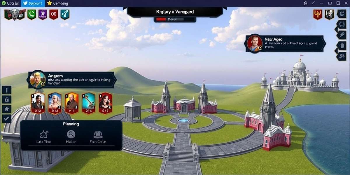 Victory Vanguard gameplay interface showing kingdom management and strategic planning screens